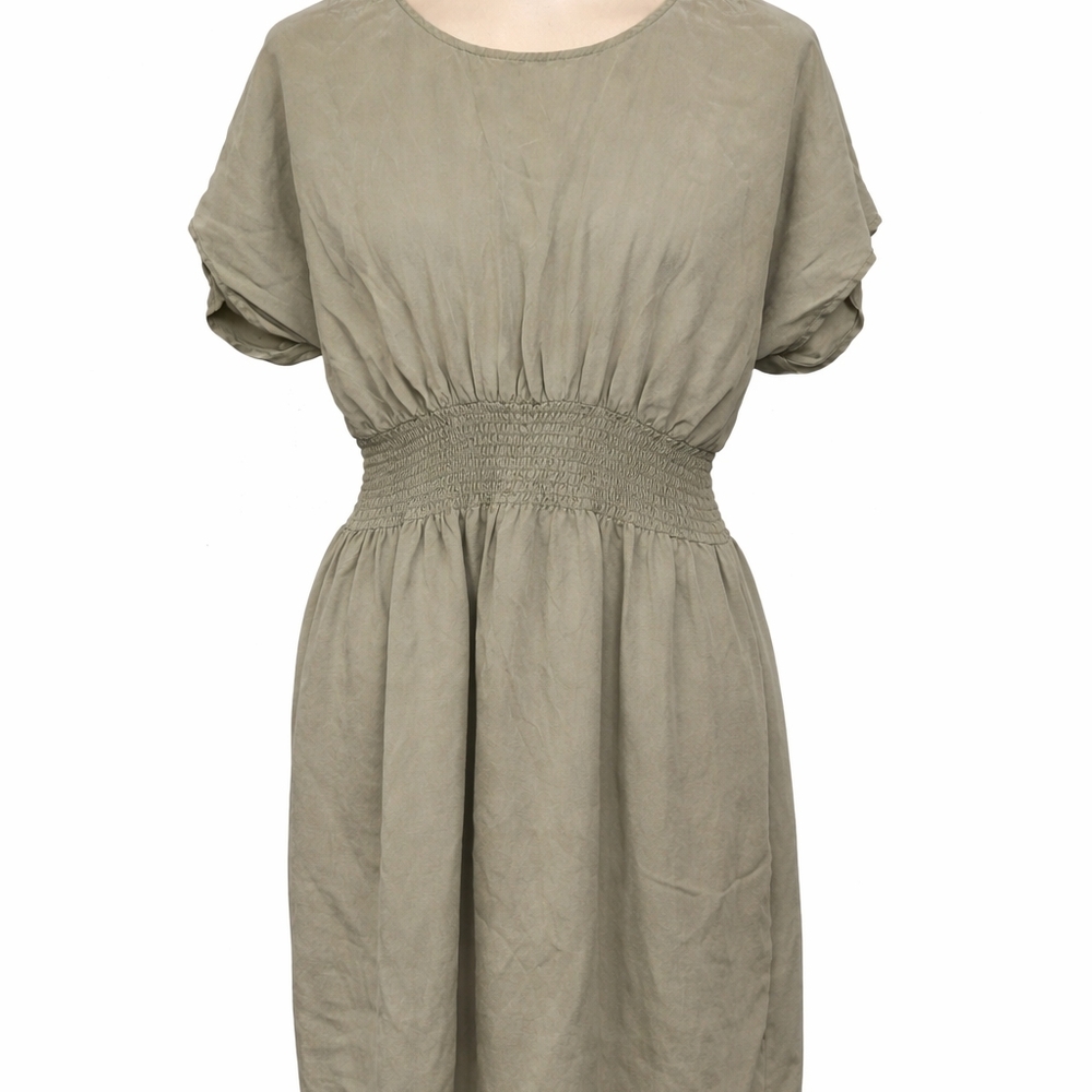 Acrobat Silk Dress Sage Green Smocked Waist Boho Midi Size M